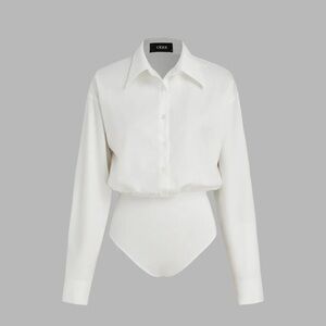 New white collared button down long sleeve bodysuit blouse